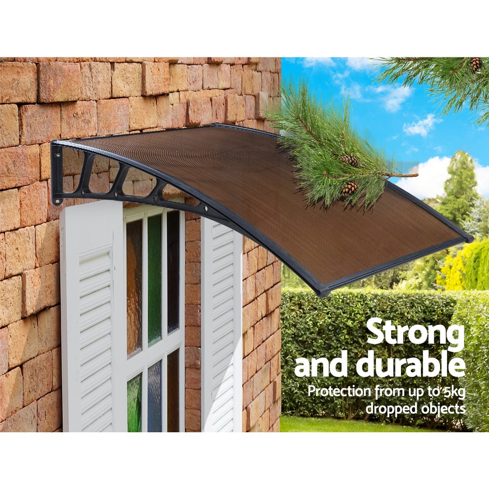 Window Door Awning Canopy 1.5Mx3M Brown Sheet Black Plastic Frame