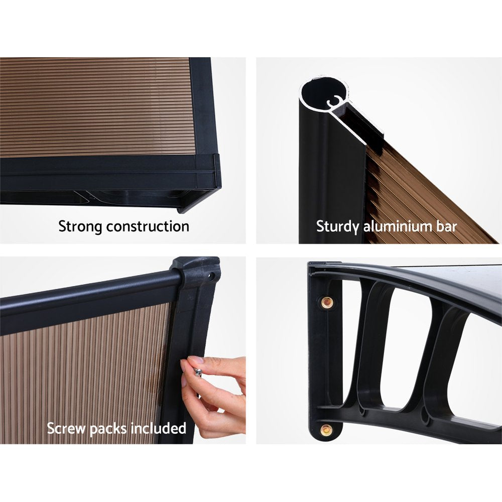 Window Door Awning Canopy 1.5Mx3M Brown Sheet Black Plastic Frame