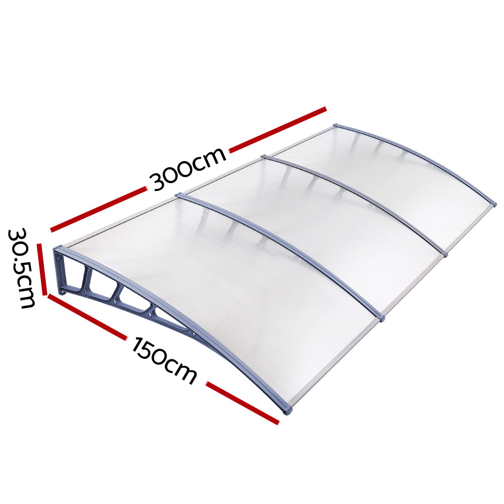 1.5x3m Door Window Awning Canopy Transparent UV Rain Cover Grey Frame Outdoor
