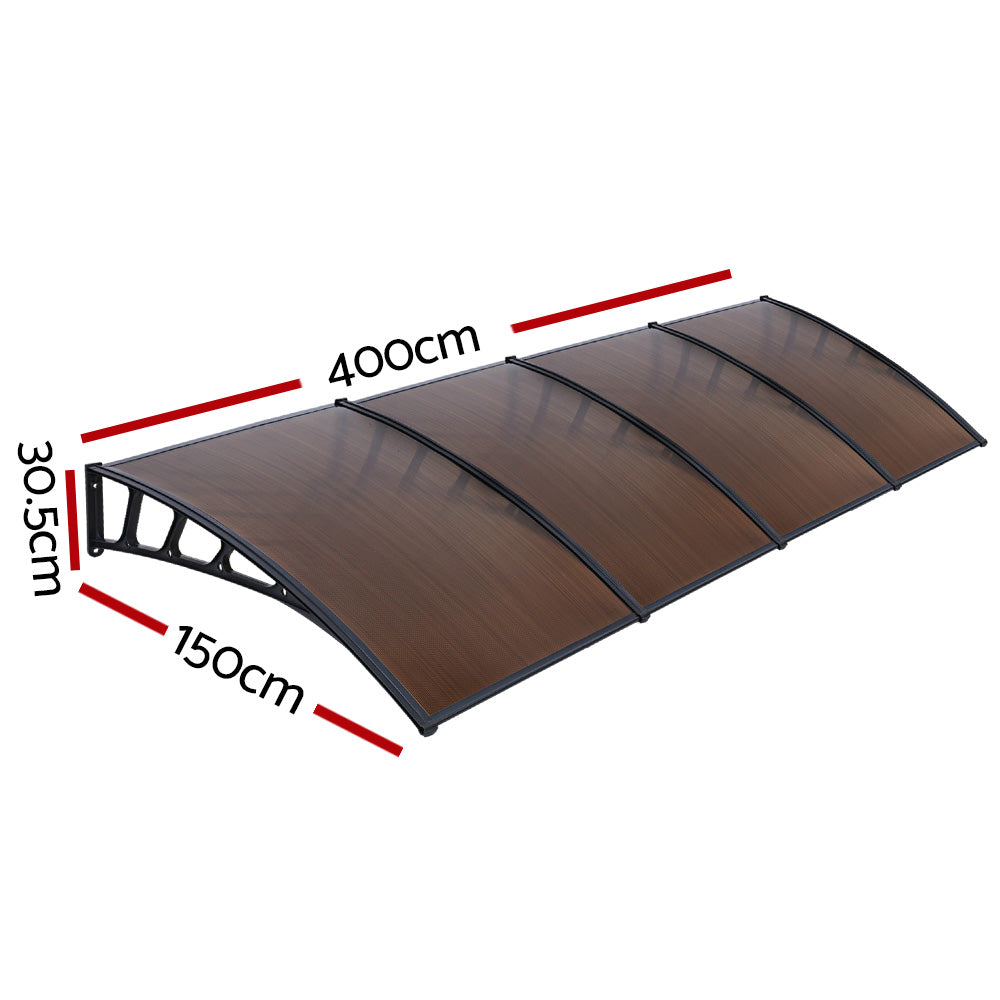 Window Door Awning Canopy 1.5Mx4M Brown Sheet Black Plastic Frame