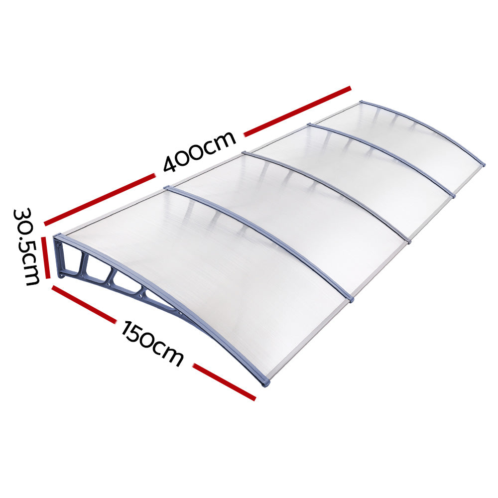 Window Door Awning Canopy 1.5Mx4M Transparent Sheet Grey Plastic Frame