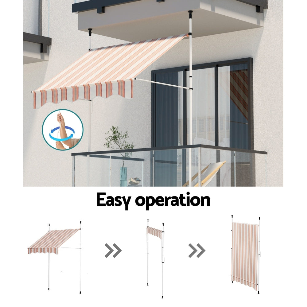 Window Fixed Pivot Arm Awning Outdoor Door Canopy 2X1.8M Beige/Brown, Beige colour