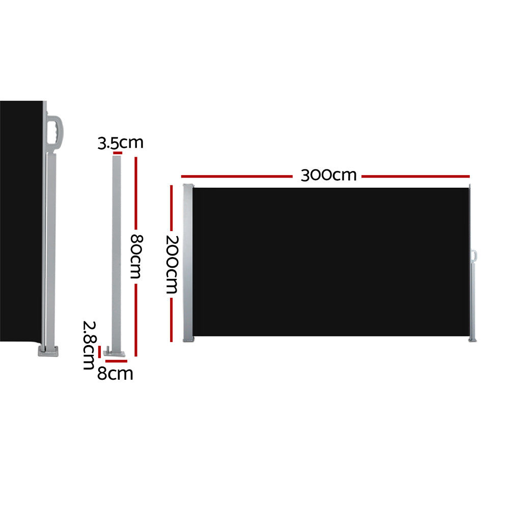 2x3m Side Awning - Retractable Privacy Screen Black