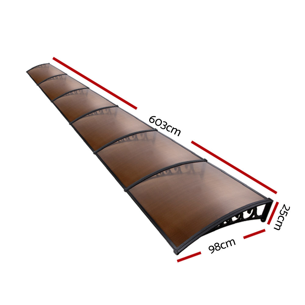 Window Door Awning 1Mx6M Brown Hollow Sheet Plastic Frame