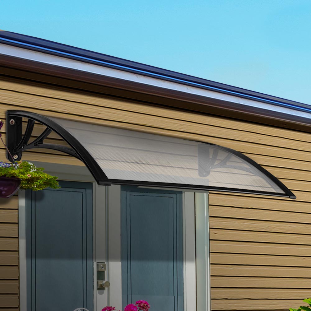 Window Door Awning Canopy 1Mx2M Transparent Sheet Black Plastic Frame