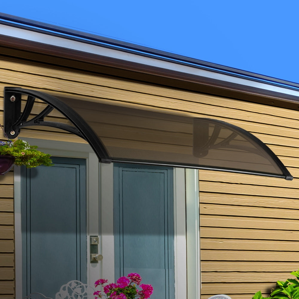 Window Door Awning Canopy 1Mx2M Brown Sheet Black Plastic Frame
