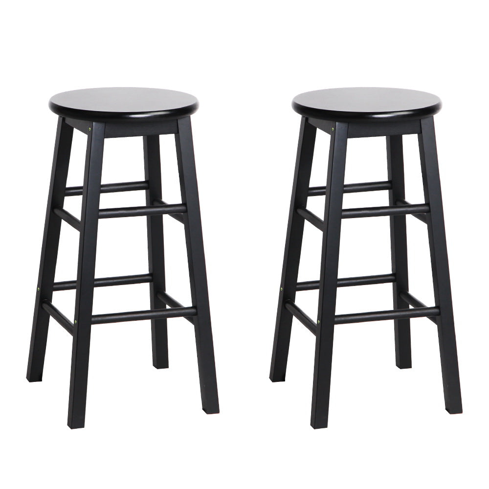 2x Bar Stools Round Wooden Chairs Black Kitchen Counter Seating