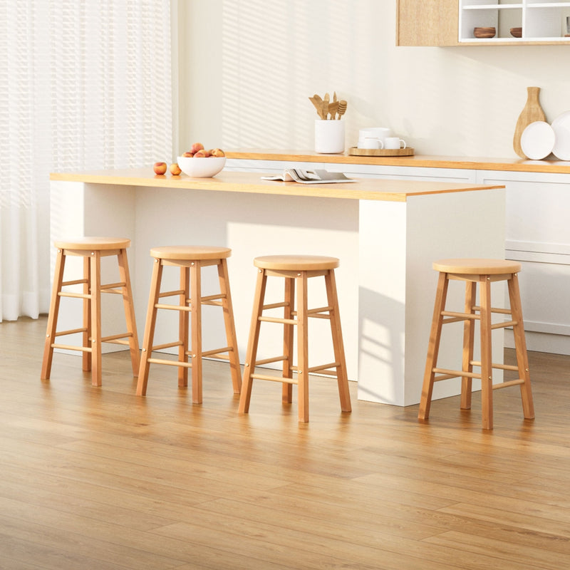 4x Bar Stools Round Chairs Wooden Nature Stylish with Table & Bar Stools
