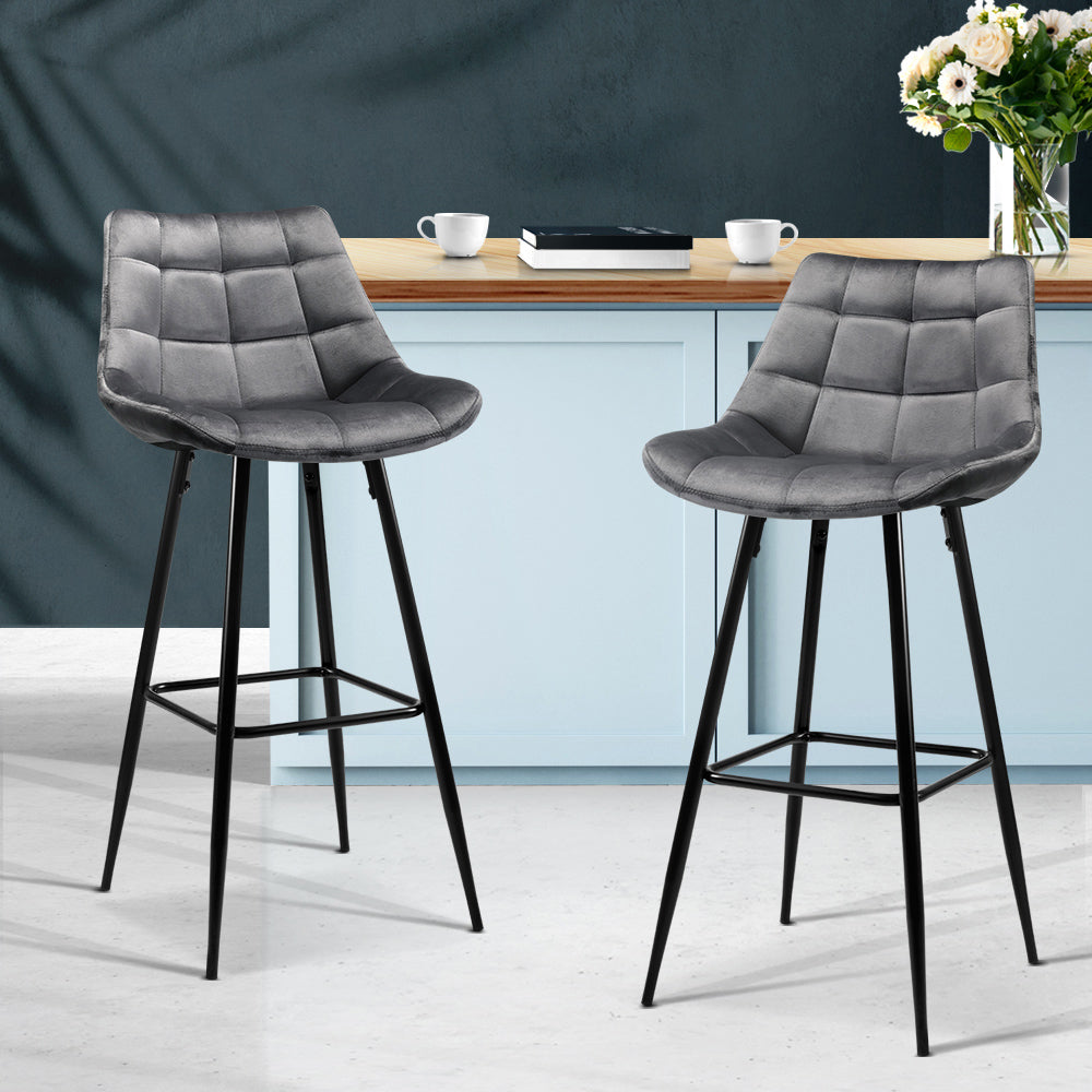 2x Bar Stools Velvet Chairs Grey - Artiss Kitchen Stool Counter