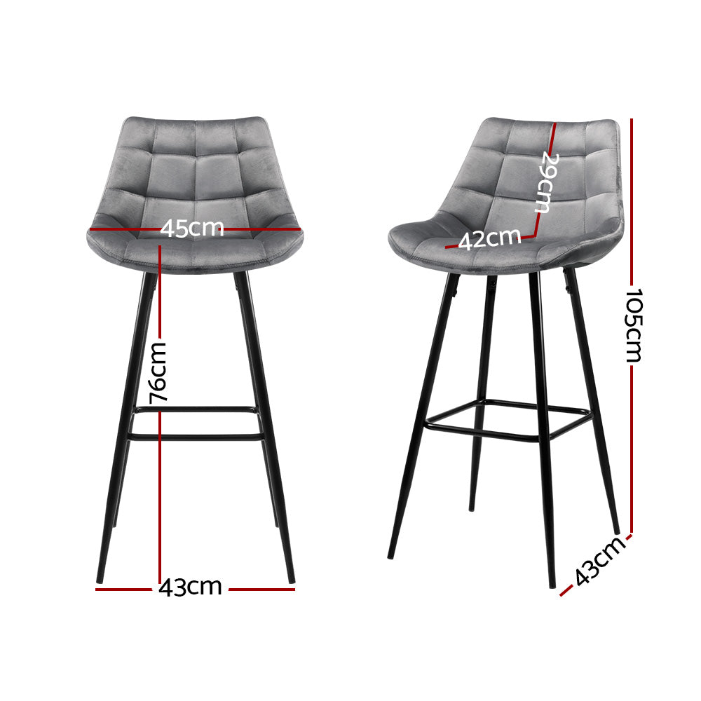 Table & Bar Stools - 2x Bar Stools Velvet Chairs Grey