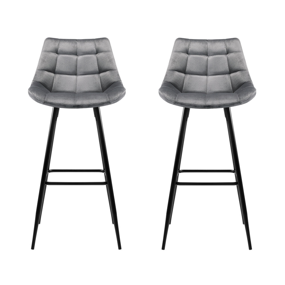 2x Bar Stools Velvet Chairs Grey | Grey colour