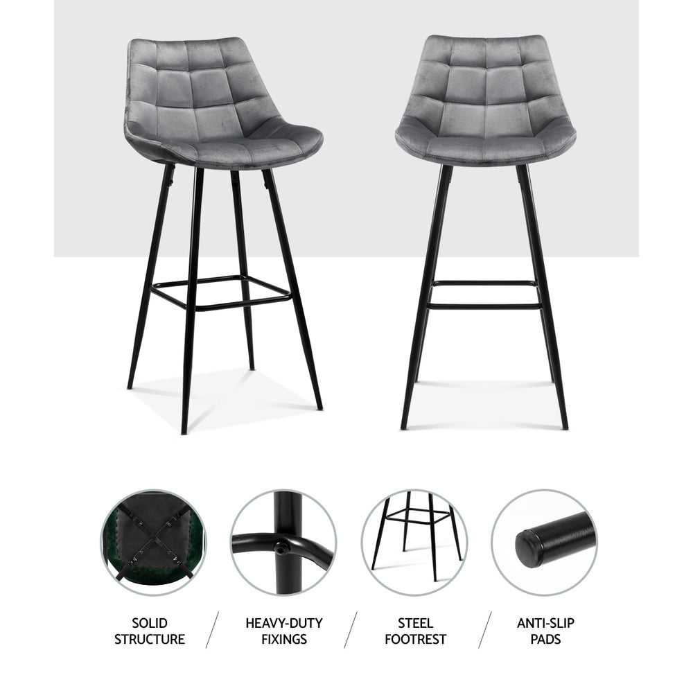 2x Bar Stools Velvet Chairs Grey, Velvet finish