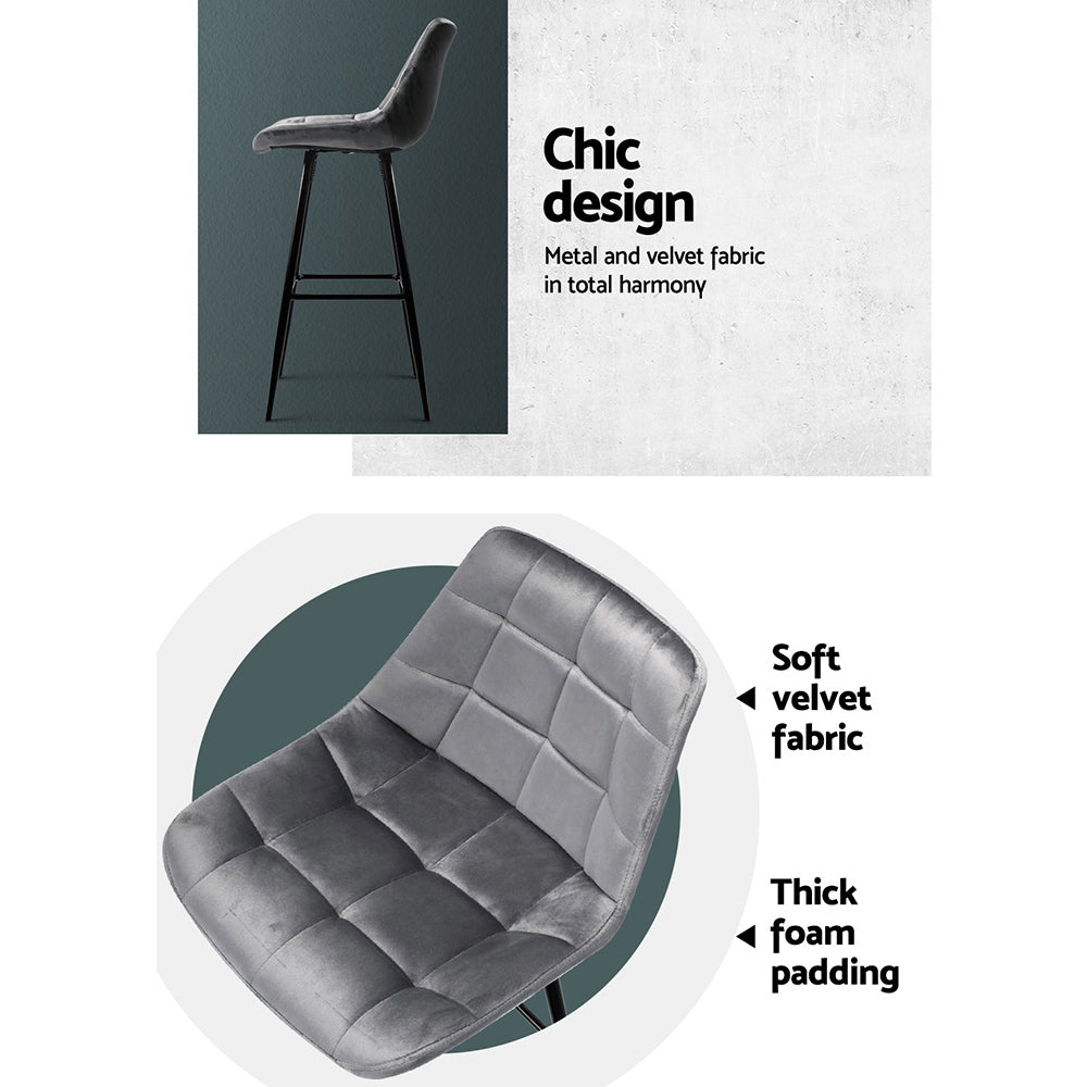 Artiss Kitchen Stool Counter - 2x Bar Stools Velvet Chairs Grey
