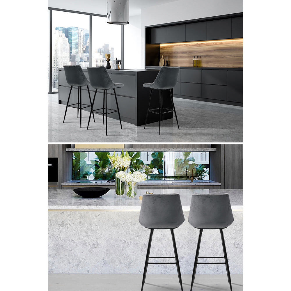 Grey colour - 2x Bar Stools Velvet Chairs Grey