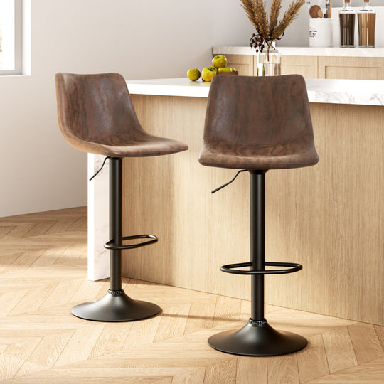 2x Kitchen Bar Stools Gas Lift Bar Stool Chairs Swivel Vintage Leather Brown Black Coated Legs - Table & Bar Stools