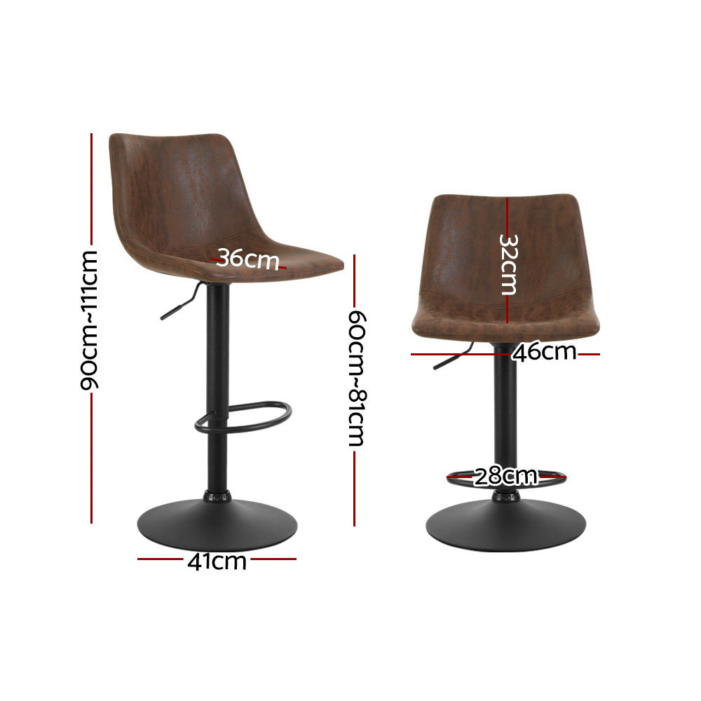 2x Kitchen Bar Stools Gas Lift Bar Stool Chairs Swivel Vintage Leather Brown Black Coated Legs