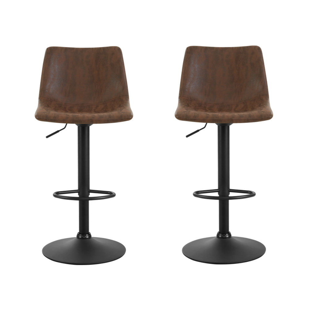 2x Kitchen Bar Stools Gas Lift Bar Stool Chairs Swivel Vintage Leather Brown Black Coated Legs