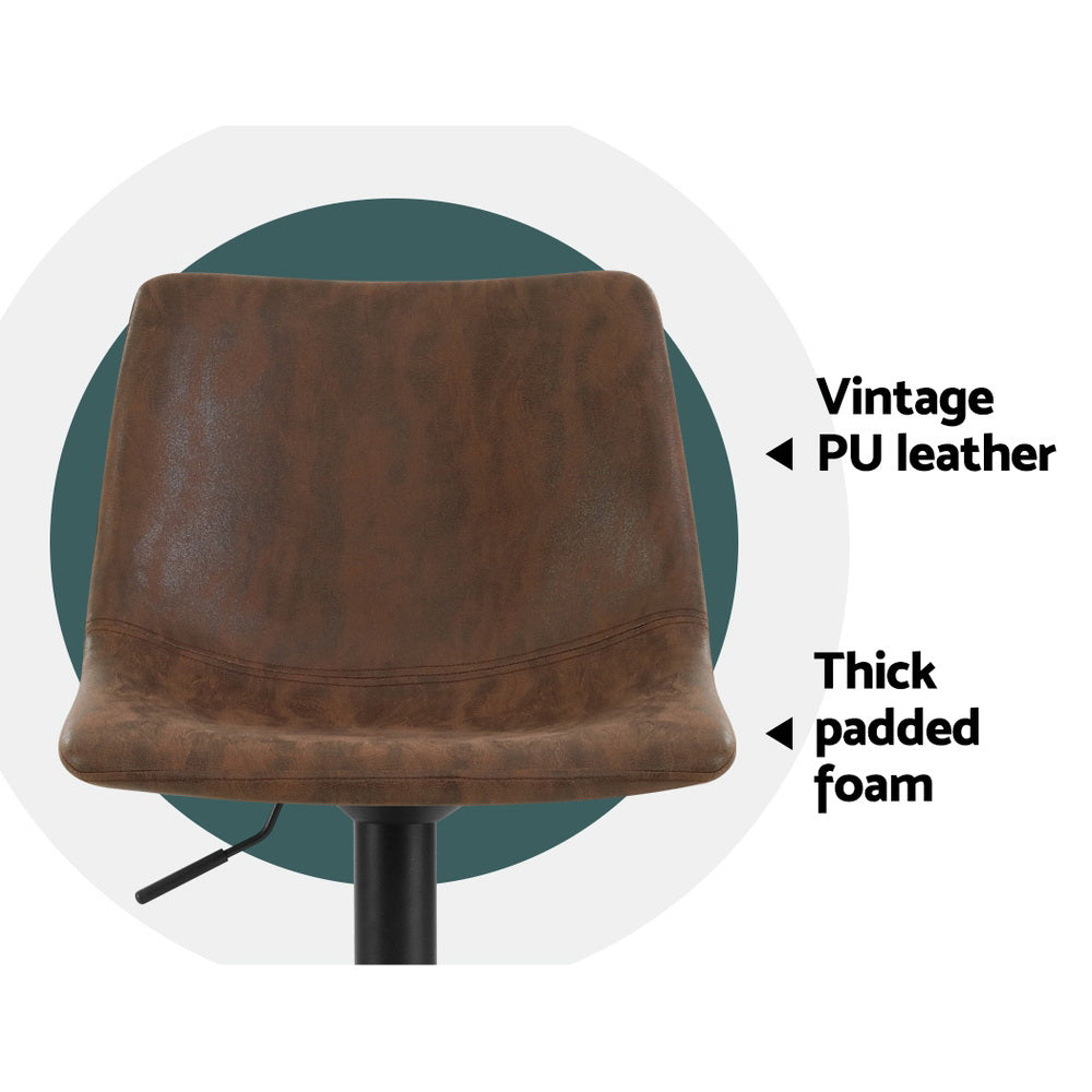 2x Kitchen Bar Stools Gas Lift Bar Stool Chairs Swivel Vintage Leather Brown Black Coated Legs