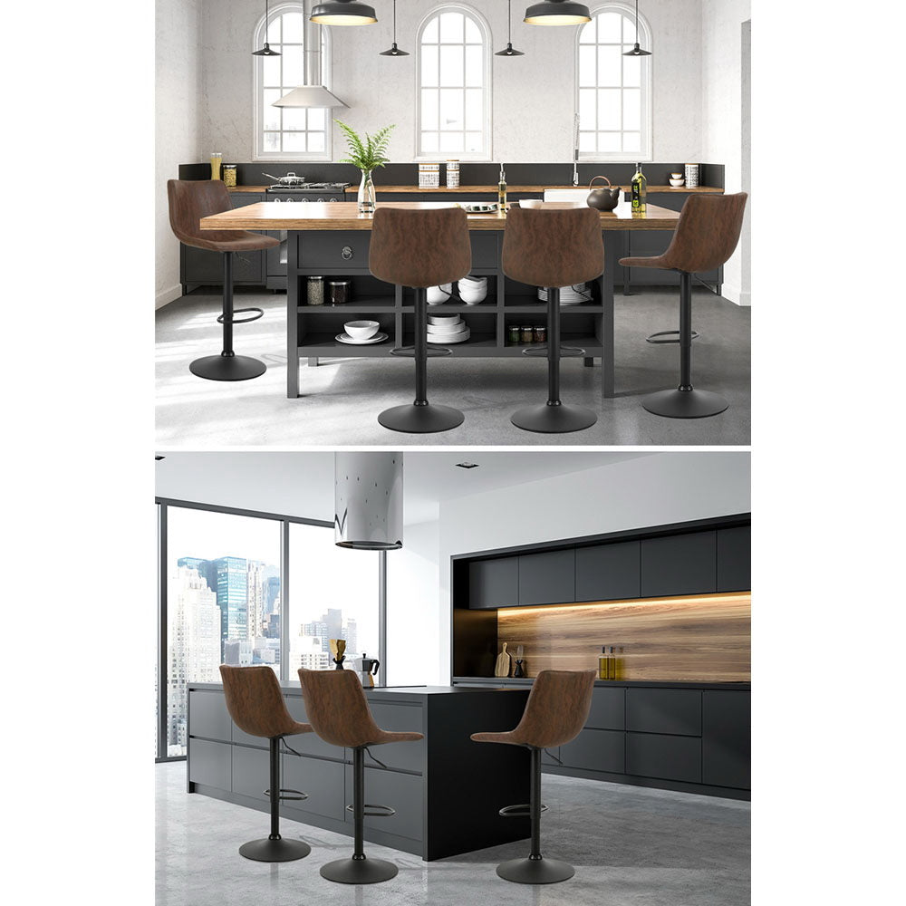2x Kitchen Bar Stools Gas Lift Bar Stool Chairs Swivel Vintage Leather Brown Black Coated Legs