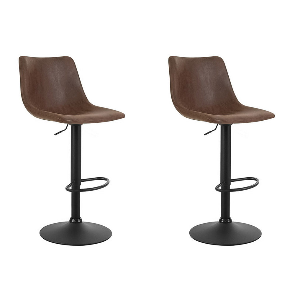 2x Kitchen Bar Stools Gas Lift Bar Stool Chairs Swivel Vintage Leather Brown Black Coated Legs