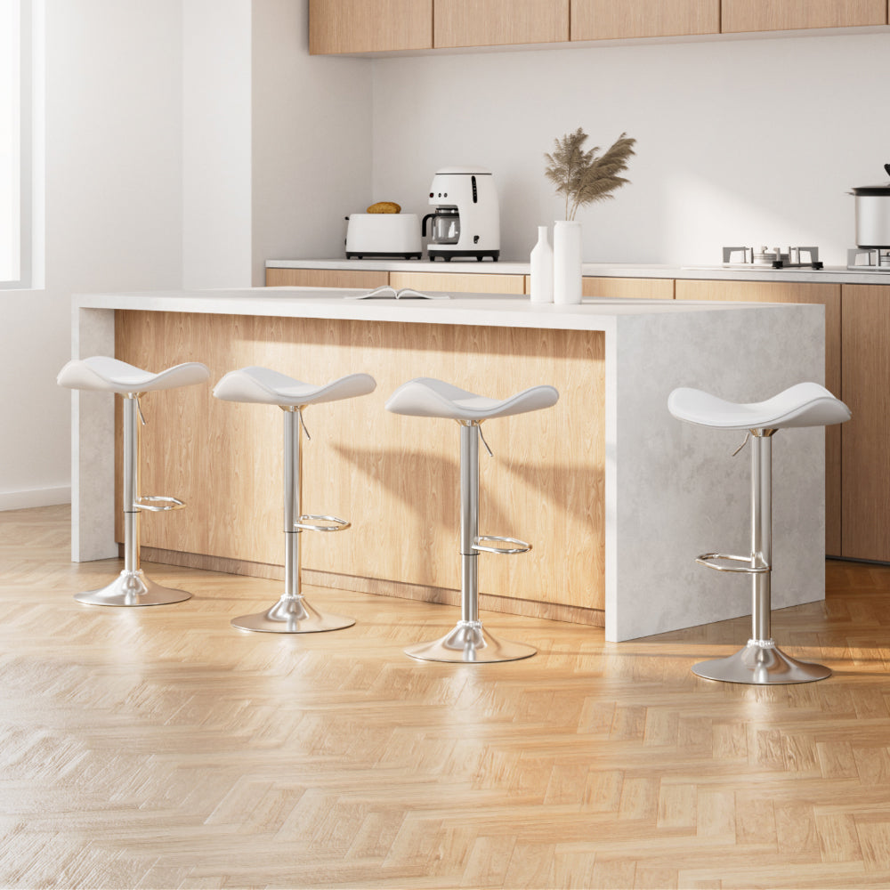 4x White Leather Bar Stools Gas Lift Adjustable Chairs