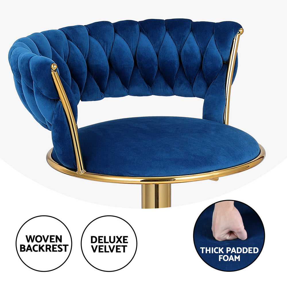 4X Bar Stools Gas Lift Velvet Woven Backrest Navy