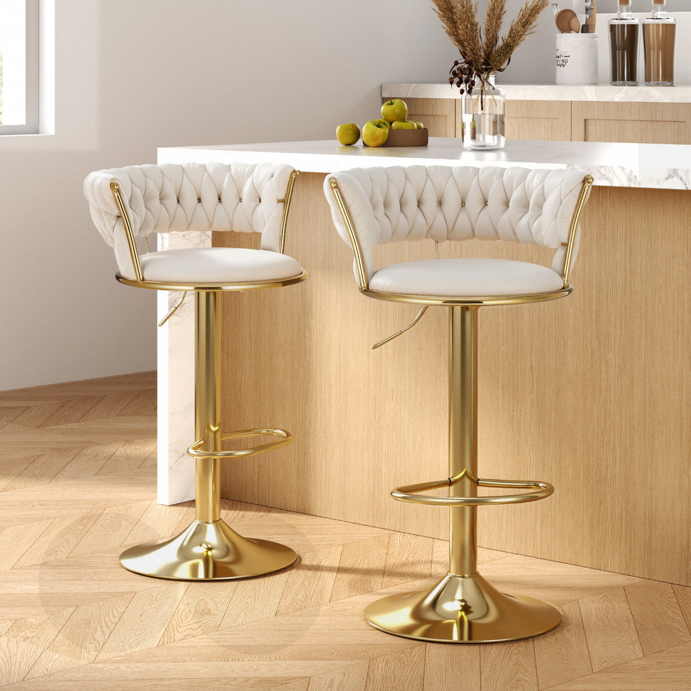 Bar Stools Gas Lift Velvet Woven Backrest Ivory with Table & Bar Stools