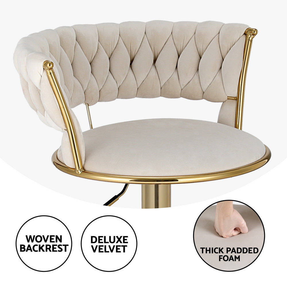 4X Bar Stools Gas Lift Velvet Woven Backrest Ivory
