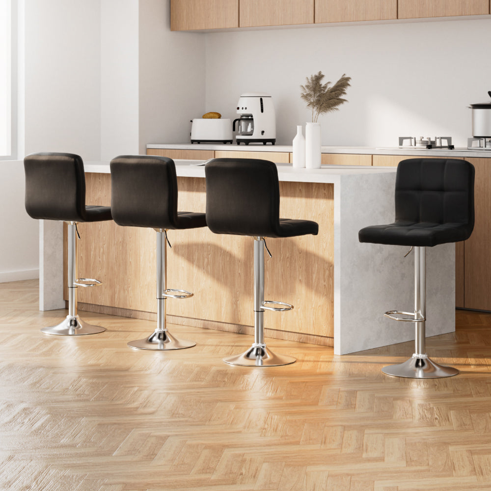 4x Bar Stools Leather Gas Lift Black