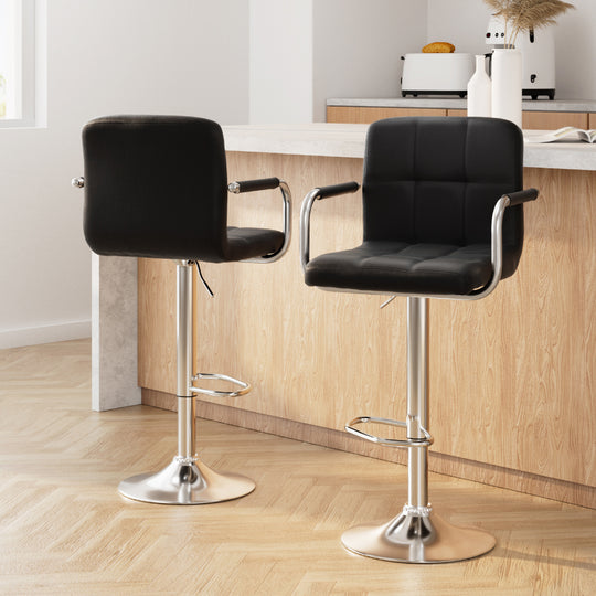 2x Black Leather Bar Stools Gas Lift with Armrest Kitchen Chairs - Table & Bar Stools