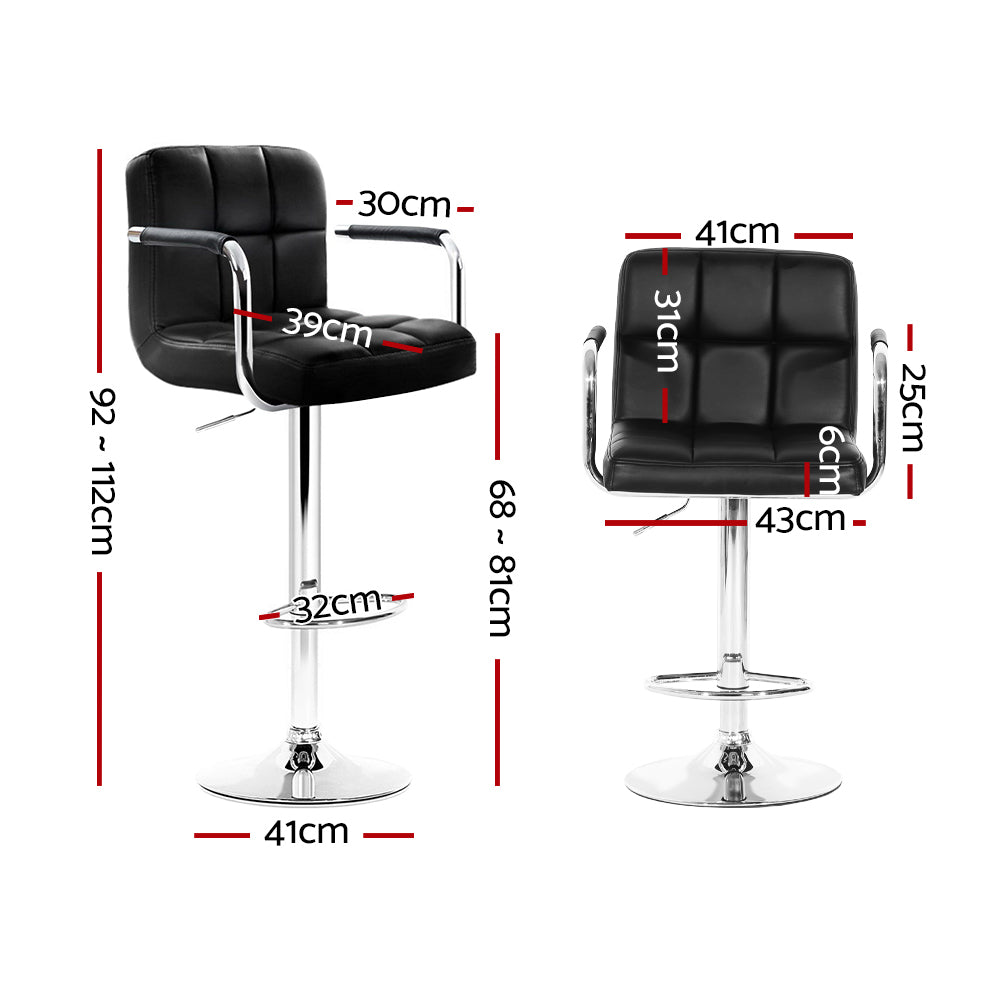 2x Black Leather Bar Stools Gas Lift with Armrest Kitchen Chairs