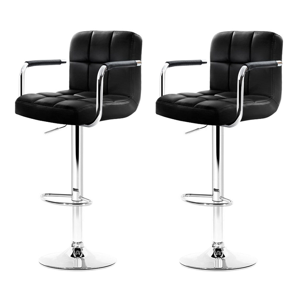 2x Black Leather Bar Stools Gas Lift with Armrest Kitchen Chairs