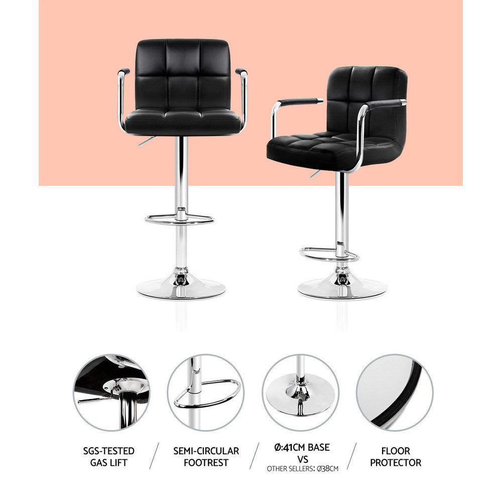2x Black Leather Bar Stools Gas Lift with Armrest Kitchen Chairs