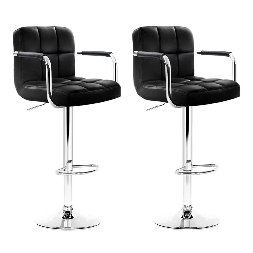 2x Black Leather Bar Stools Gas Lift with Armrest Kitchen Chairs
