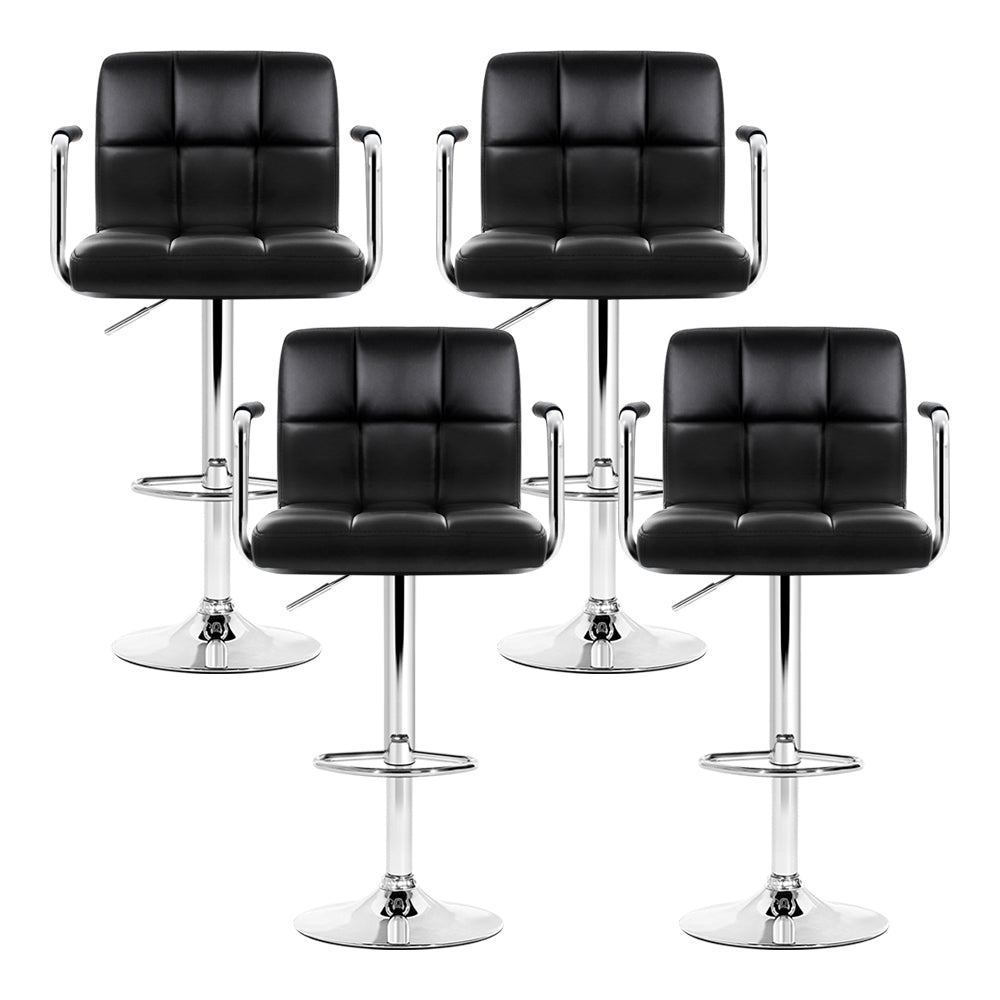 4x Leather Gas Lift Bar Stools with Armrest Black Swivel Kitchen Chairs