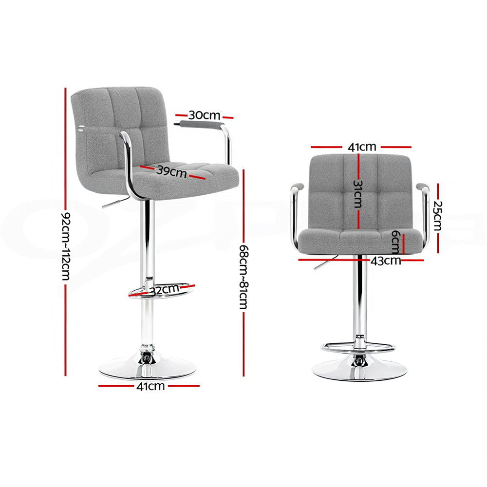 Grey colour - 4X Bar Stools Fabric Gas Lift W/Armrest Grey