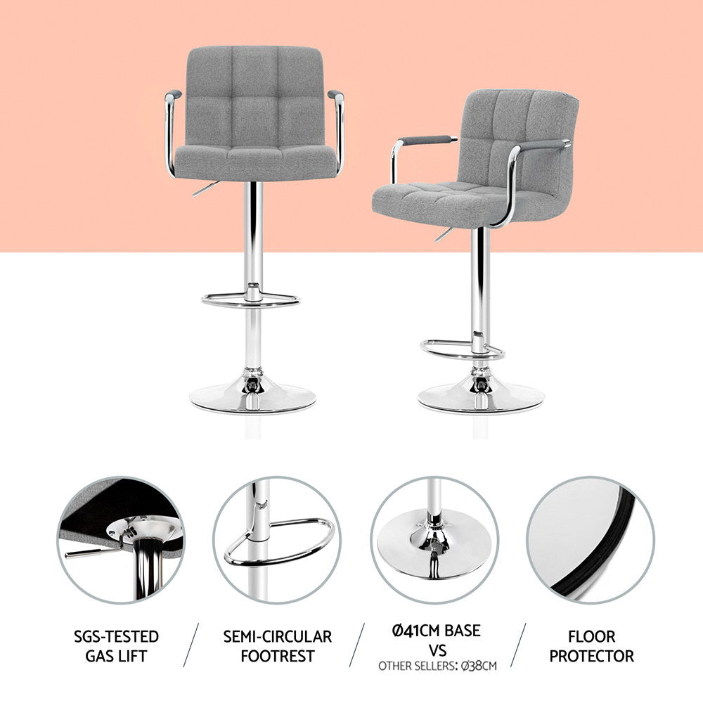 Table & Bar Stools - 4X Bar Stools Fabric Gas Lift W/Armrest Grey