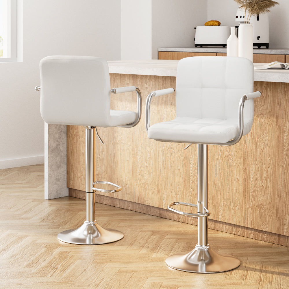 White Bar Stools 2x Set Leather Gas Lift with Armrests Adjustable Chairs