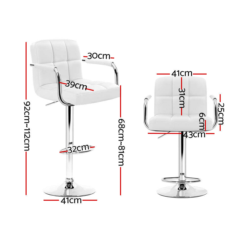 White Bar Stools 2x Set Leather Gas Lift with Armrests Adjustable Chairs