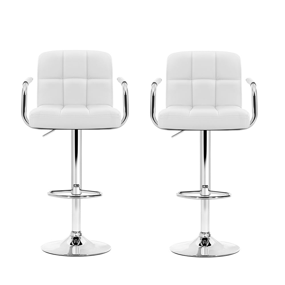 White Bar Stools 2x Set Leather Gas Lift with Armrests Adjustable Chairs