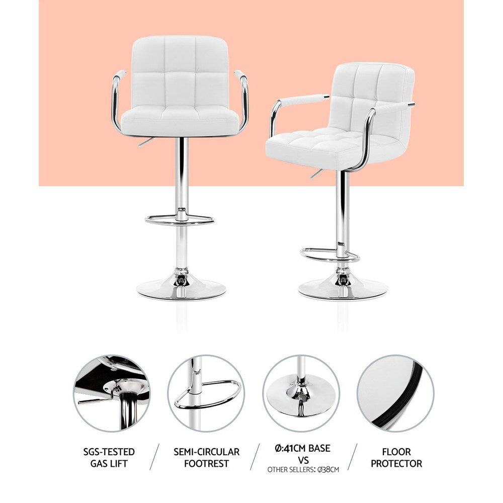 White Bar Stools 2x Set Leather Gas Lift with Armrests Adjustable Chairs