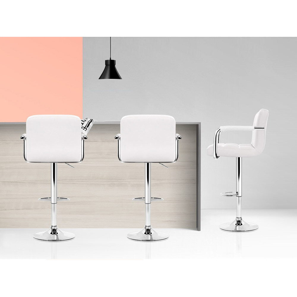 White Bar Stools 2x Set Leather Gas Lift with Armrests Adjustable Chairs