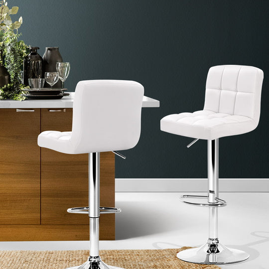 White Bar Stools 2x Set Leather Gas Lift with Armrests Adjustable Chairs - Artiss Swivel Kitchen Chrome