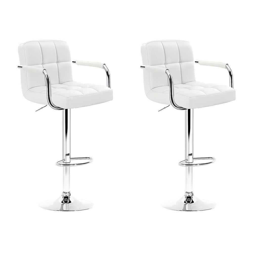 White Bar Stools 2x Set Leather Gas Lift with Armrests Adjustable Chairs