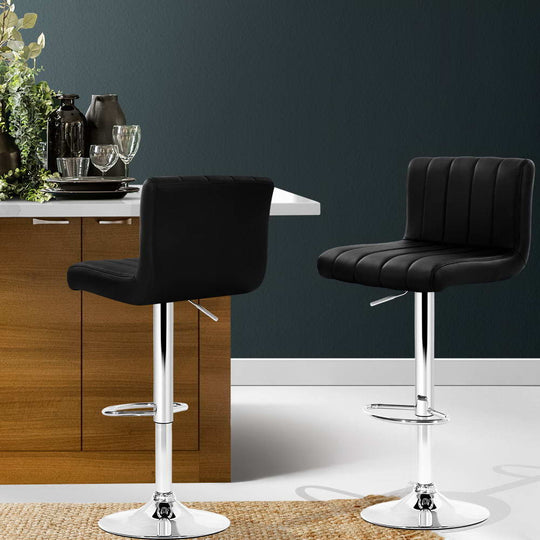 2x Bar Stools Gas Lift Leather Chairs Black