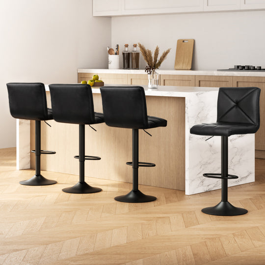 4x Bar Stools Gas Lift Leather Chair Black - Kitchen Swivel Stool