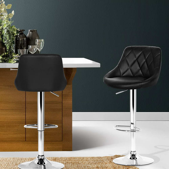 2x Bar Stools Leather Padded Gas Lift Stool Black - Artiss Kitchen Swivel Chairs