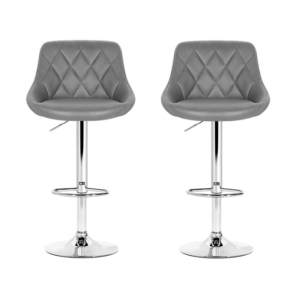 Grey Leather Bar Stools 2x Set Padded Gas Lift Counter Height Chairs | Grey colour