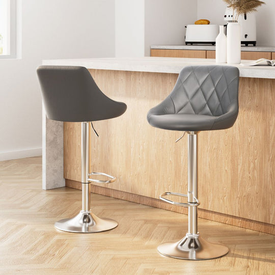 Grey Leather Bar Stools 2x Set Padded Gas Lift Counter Height Chairs | Artiss Kitchen Swivel Chrome