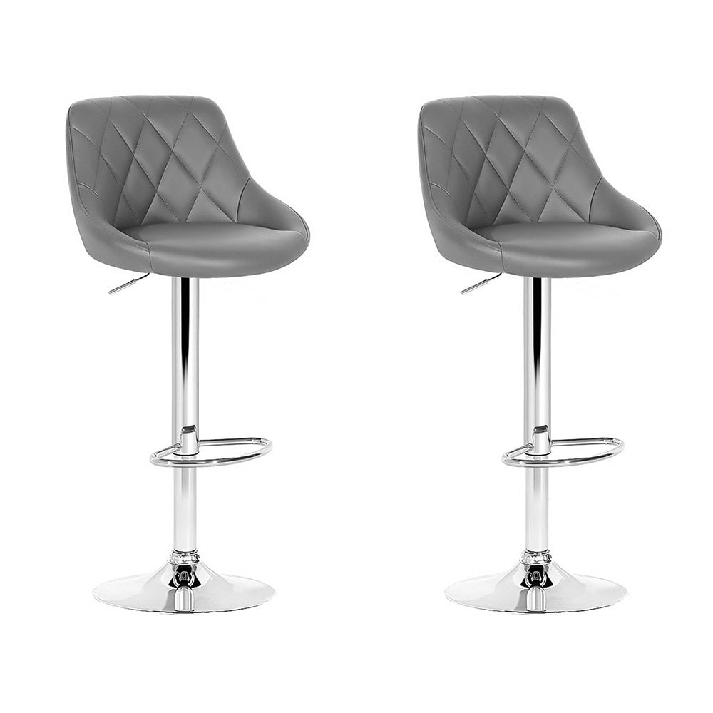 Grey Leather Bar Stools 2x Set Padded Gas Lift Counter Height Chairs